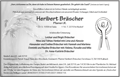 Todesanzeige Pfarrer Bräscher